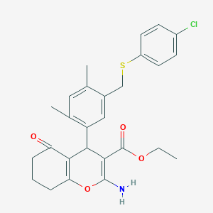 molecular formula C27H28ClNO4S B455057 ethyl 2-amino-4-(5-{[(4-chlorophenyl)sulfanyl]methyl}-2,4-dimethylphenyl)-5-oxo-5,6,7,8-tetrahydro-4H-chromene-3-carboxylate 