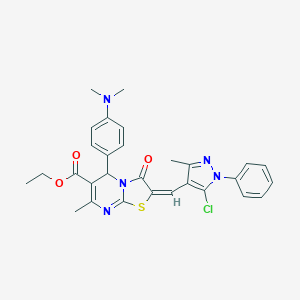 molecular formula C29H28ClN5O3S B455090 ethyl 2-[(5-chloro-3-methyl-1-phenyl-1H-pyrazol-4-yl)methylene]-5-[4-(dimethylamino)phenyl]-7-methyl-3-oxo-2,3-dihydro-5H-[1,3]thiazolo[3,2-a]pyrimidine-6-carboxylate 