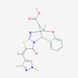molecular formula C21H20N4O4S B455101 methyl (13E)-13-[(1,3-dimethyl-1H-pyrazol-4-yl)methylidene]-9-methyl-14-oxo-8-oxa-12-thia-10,15-diazatetracyclo[7.6.1.0^{2,7}.0^{11,15}]hexadeca-2,4,6,10-tetraene-16-carboxylate CAS No. 1005041-39-3