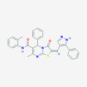 molecular formula C31H25N5O2S B455132 (2E)-7-methyl-N-(2-methylphenyl)-3-oxo-5-phenyl-2-[(3-phenyl-1H-pyrazol-4-yl)methylidene]-2,3-dihydro-5H-[1,3]thiazolo[3,2-a]pyrimidine-6-carboxamide 