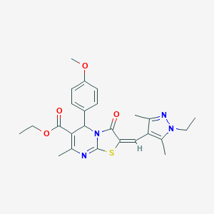molecular formula C25H28N4O4S B455172 ethyl 2-[(1-ethyl-3,5-dimethyl-1H-pyrazol-4-yl)methylene]-5-(4-methoxyphenyl)-7-methyl-3-oxo-2,3-dihydro-5H-[1,3]thiazolo[3,2-a]pyrimidine-6-carboxylate 