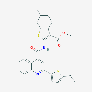 molecular formula C27H26N2O3S2 B455208 Methyl 2-({[2-(5-ethylthiophen-2-yl)quinolin-4-yl]carbonyl}amino)-6-methyl-4,5,6,7-tetrahydro-1-benzothiophene-3-carboxylate 