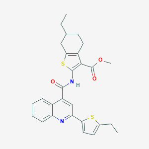 molecular formula C28H28N2O3S2 B455216 Methyl 6-ethyl-2-({[2-(5-ethylthiophen-2-yl)quinolin-4-yl]carbonyl}amino)-4,5,6,7-tetrahydro-1-benzothiophene-3-carboxylate 
