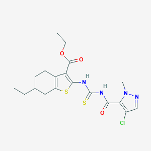 molecular formula C19H23ClN4O3S2 B455265 ethyl 2-[({[(4-chloro-1-methyl-1H-pyrazol-5-yl)carbonyl]amino}carbothioyl)amino]-6-ethyl-4,5,6,7-tetrahydro-1-benzothiophene-3-carboxylate 