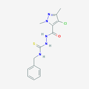 molecular formula C14H16ClN5OS B455293 N~1~-BENZYL-2-[(4-CHLORO-1,3-DIMETHYL-1H-PYRAZOL-5-YL)CARBONYL]-1-HYDRAZINECARBOTHIOAMIDE 