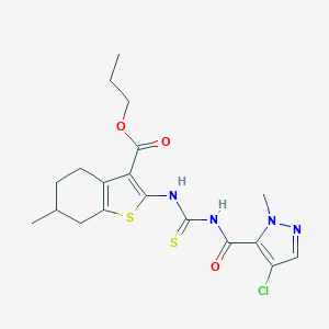 molecular formula C19H23ClN4O3S2 B455296 propyl 2-[({[(4-chloro-1-methyl-1H-pyrazol-5-yl)carbonyl]amino}carbothioyl)amino]-6-methyl-4,5,6,7-tetrahydro-1-benzothiophene-3-carboxylate 