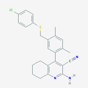 molecular formula C25H24ClN3S B455323 2-Amino-4-(5-{[(4-chlorophenyl)sulfanyl]methyl}-2,4-dimethylphenyl)-5,6,7,8-tetrahydro-3-quinolinecarbonitrile 