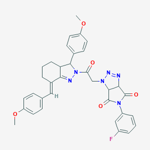 molecular formula C34H31FN6O5 B455364 5-(3-fluorophenyl)-1-{2-[7-(4-methoxybenzylidene)-3-(4-methoxyphenyl)-3,3a,4,5,6,7-hexahydro-2H-indazol-2-yl]-2-oxoethyl}-3a,6a-dihydropyrrolo[3,4-d][1,2,3]triazole-4,6(1H,5H)-dione 