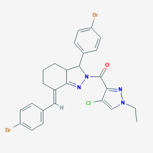 molecular formula C26H23Br2ClN4O B455367 7-(4-bromobenzylidene)-3-(4-bromophenyl)-2-[(4-chloro-1-ethyl-1H-pyrazol-3-yl)carbonyl]-3,3a,4,5,6,7-hexahydro-2H-indazole 