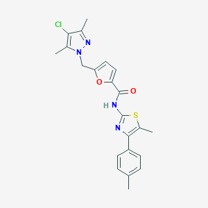 molecular formula C22H21ClN4O2S B455373 5-[(4-chloro-3,5-dimethyl-1H-pyrazol-1-yl)methyl]-N-[5-methyl-4-(4-methylphenyl)-1,3-thiazol-2-yl]furan-2-carboxamide 