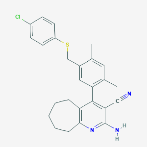 molecular formula C26H26ClN3S B455381 2-amino-4-(5-{[(4-chlorophenyl)sulfanyl]methyl}-2,4-dimethylphenyl)-6,7,8,9-tetrahydro-5H-cyclohepta[b]pyridine-3-carbonitrile 