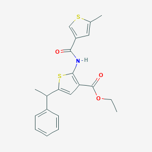 molecular formula C21H21NO3S2 B455390 Ethyl 2-{[(5-methyl-3-thienyl)carbonyl]amino}-5-(1-phenylethyl)-3-thiophenecarboxylate 