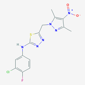 molecular formula C14H12ClFN6O2S B455394 N-(3-CHLORO-4-FLUOROPHENYL)-N-{5-[(3,5-DIMETHYL-4-NITRO-1H-PYRAZOL-1-YL)METHYL]-1,3,4-THIADIAZOL-2-YL}AMINE 