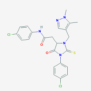 molecular formula C23H21Cl2N5O2S B455397 N-(4-chlorophenyl)-2-{1-(4-chlorophenyl)-3-[(1,5-dimethyl-1H-pyrazol-4-yl)methyl]-5-oxo-2-thioxo-4-imidazolidinyl}acetamide 