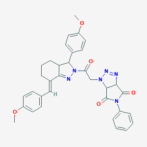 molecular formula C34H32N6O5 B455402 1-{2-[(7E)-7-(4-methoxybenzylidene)-3-(4-methoxyphenyl)-3,3a,4,5,6,7-hexahydro-2H-indazol-2-yl]-2-oxoethyl}-5-phenyl-3a,6a-dihydropyrrolo[3,4-d][1,2,3]triazole-4,6(1H,5H)-dione 