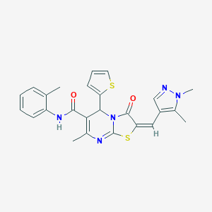 molecular formula C25H23N5O2S2 B455415 (2E)-2-[(1,5-dimethyl-1H-pyrazol-4-yl)methylidene]-7-methyl-N-(2-methylphenyl)-3-oxo-5-(thiophen-2-yl)-2,3-dihydro-5H-[1,3]thiazolo[3,2-a]pyrimidine-6-carboxamide 