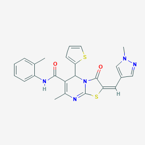 molecular formula C24H21N5O2S2 B455431 (2E)-7-methyl-N-(2-methylphenyl)-2-[(1-methyl-1H-pyrazol-4-yl)methylidene]-3-oxo-5-(thiophen-2-yl)-2,3-dihydro-5H-[1,3]thiazolo[3,2-a]pyrimidine-6-carboxamide 