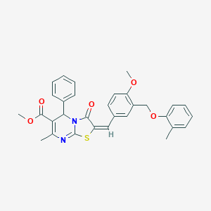 molecular formula C31H28N2O5S B455432 METHYL 2-((E)-1-{4-METHOXY-3-[(2-METHYLPHENOXY)METHYL]PHENYL}METHYLIDENE)-7-METHYL-3-OXO-5-PHENYL-2,3-DIHYDRO-5H-[1,3]THIAZOLO[3,2-A]PYRIMIDINE-6-CARBOXYLATE 