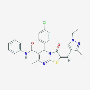 molecular formula C27H24ClN5O2S B455434 (2E)-5-(4-chlorophenyl)-2-[(1-ethyl-3-methyl-1H-pyrazol-4-yl)methylidene]-7-methyl-3-oxo-N-phenyl-2,3-dihydro-5H-[1,3]thiazolo[3,2-a]pyrimidine-6-carboxamide 