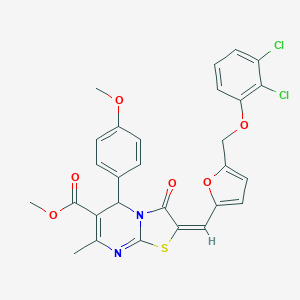molecular formula C28H22Cl2N2O6S B455442 methyl (2E)-2-({5-[(2,3-dichlorophenoxy)methyl]furan-2-yl}methylidene)-5-(4-methoxyphenyl)-7-methyl-3-oxo-2,3-dihydro-5H-[1,3]thiazolo[3,2-a]pyrimidine-6-carboxylate 