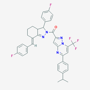 molecular formula C37H30F5N5O B455447 2-{[7-(4-fluorobenzylidene)-3-(4-fluorophenyl)-3,3a,4,5,6,7-hexahydro-2H-indazol-2-yl]carbonyl}-5-(4-isopropylphenyl)-7-(trifluoromethyl)pyrazolo[1,5-a]pyrimidine 