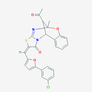 molecular formula C26H19ClN2O4S B455450 (2E)-13-acetyl-2-{[5-(3-chlorophenyl)-2-furyl]methylene}-5-methyl-5H,11H-5,11-methano[1,3]thiazolo[2,3-d][1,3,5]benzoxadiazocin-1-one 