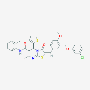 molecular formula C34H28ClN3O4S2 B455451 (2E)-2-{3-[(3-chlorophenoxy)methyl]-4-methoxybenzylidene}-7-methyl-N-(2-methylphenyl)-3-oxo-5-(thiophen-2-yl)-2,3-dihydro-5H-[1,3]thiazolo[3,2-a]pyrimidine-6-carboxamide 