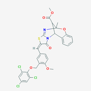 molecular formula C30H23Cl3N2O6S B455479 METHYL 13-((E)-1-{4-METHOXY-3-[(2,4,6-TRICHLOROPHENOXY)METHYL]PHENYL}METHYLIDENE)-9-METHYL-14-OXO-8-OXA-12-THIA-10,15-DIAZATETRACYCLO[7.6.1.0~2,7~.0~11,15~]HEXADECA-2,4,6,10-TETRAENE-16-CARBOXYLATE 