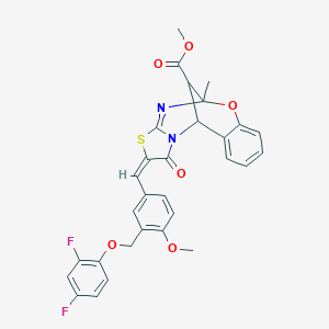 molecular formula C30H24F2N2O6S B455486 METHYL 13-((E)-1-{3-[(2,4-DIFLUOROPHENOXY)METHYL]-4-METHOXYPHENYL}METHYLIDENE)-9-METHYL-14-OXO-8-OXA-12-THIA-10,15-DIAZATETRACYCLO[7.6.1.0~2,7~.0~11,15~]HEXADECA-2,4,6,10-TETRAENE-16-CARBOXYLATE 