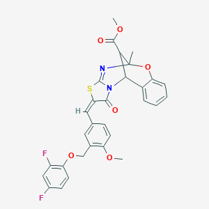 methyl (13E)-13-[[3-[(2,4-difluorophenoxy)methyl]-4-methoxyphenyl]methylidene]-9-methyl-14-oxo-8-oxa-12-thia-10,15-diazatetracyclo[7.6.1.02,7.011,15]hexadeca-2,4,6,10-tetraene-16-carboxylate