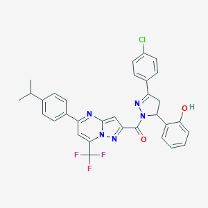 molecular formula C32H25ClF3N5O2 B455488 2-(3-(4-chlorophenyl)-1-{[5-(4-isopropylphenyl)-7-(trifluoromethyl)pyrazolo[1,5-a]pyrimidin-2-yl]carbonyl}-4,5-dihydro-1H-pyrazol-5-yl)phenol 