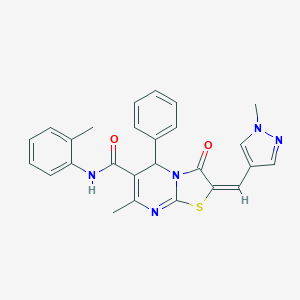 molecular formula C26H23N5O2S B455489 (2E)-7-methyl-N-(2-methylphenyl)-2-[(1-methyl-1H-pyrazol-4-yl)methylidene]-3-oxo-5-phenyl-2,3-dihydro-5H-[1,3]thiazolo[3,2-a]pyrimidine-6-carboxamide 