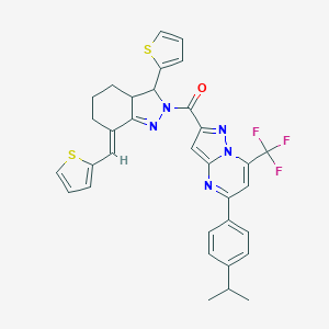 molecular formula C33H28F3N5OS2 B455493 5-(4-isopropylphenyl)-2-{[3-(2-thienyl)-7-(2-thienylmethylene)-3,3a,4,5,6,7-hexahydro-2H-indazol-2-yl]carbonyl}-7-(trifluoromethyl)pyrazolo[1,5-a]pyrimidine 