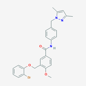 molecular formula C27H26BrN3O3 B455496 3-[(2-bromophenoxy)methyl]-N-{4-[(3,5-dimethyl-1H-pyrazol-1-yl)methyl]phenyl}-4-methoxybenzamide 