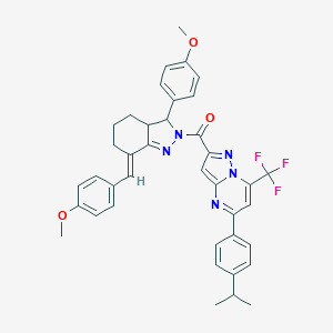 molecular formula C39H36F3N5O3 B455497 5-(4-isopropylphenyl)-2-{[7-(4-methoxybenzylidene)-3-(4-methoxyphenyl)-3,3a,4,5,6,7-hexahydro-2H-indazol-2-yl]carbonyl}-7-(trifluoromethyl)pyrazolo[1,5-a]pyrimidine 