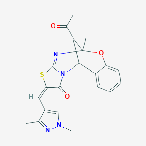 molecular formula C21H20N4O3S B455502 (2E)-13-acetyl-2-[(1,3-dimethyl-1H-pyrazol-4-yl)methylene]-5-methyl-5H,11H-5,11-methano[1,3]thiazolo[2,3-d][1,3,5]benzoxadiazocin-1-one 