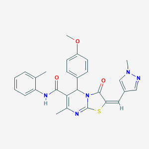 molecular formula C27H25N5O3S B455508 (2E)-5-(4-methoxyphenyl)-7-methyl-N-(2-methylphenyl)-2-[(1-methyl-1H-pyrazol-4-yl)methylidene]-3-oxo-2,3-dihydro-5H-[1,3]thiazolo[3,2-a]pyrimidine-6-carboxamide 