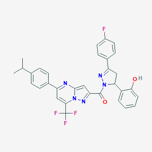 molecular formula C32H25F4N5O2 B455509 2-(3-(4-fluorophenyl)-1-{[5-(4-isopropylphenyl)-7-(trifluoromethyl)pyrazolo[1,5-a]pyrimidin-2-yl]carbonyl}-4,5-dihydro-1H-pyrazol-5-yl)phenol 