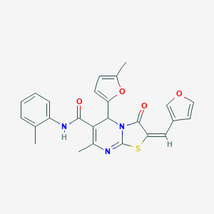 molecular formula C25H21N3O4S B455511 2-(3-furylmethylene)-7-methyl-5-(5-methyl-2-furyl)-N-(2-methylphenyl)-3-oxo-2,3-dihydro-5H-[1,3]thiazolo[3,2-a]pyrimidine-6-carboxamide 