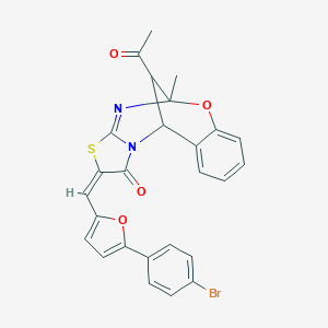 molecular formula C26H19BrN2O4S B455519 (13E)-16-acetyl-13-[[5-(4-bromophenyl)furan-2-yl]methylidene]-9-methyl-8-oxa-12-thia-10,15-diazatetracyclo[7.6.1.02,7.011,15]hexadeca-2,4,6,10-tetraen-14-one 