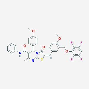 molecular formula C36H27F4N3O5S B455521 5-(4-methoxyphenyl)-2-{4-methoxy-3-[(2,3,5,6-tetrafluorophenoxy)methyl]benzylidene}-7-methyl-3-oxo-N-phenyl-2,3-dihydro-5H-[1,3]thiazolo[3,2-a]pyrimidine-6-carboxamide 