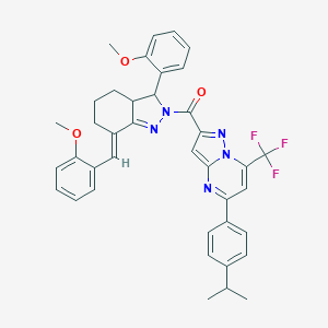 molecular formula C39H36F3N5O3 B455525 5-(4-isopropylphenyl)-2-{[7-(2-methoxybenzylidene)-3-(2-methoxyphenyl)-3,3a,4,5,6,7-hexahydro-2H-indazol-2-yl]carbonyl}-7-(trifluoromethyl)pyrazolo[1,5-a]pyrimidine 