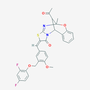 molecular formula C30H24F2N2O5S B455528 (13E)-16-acetyl-13-[[3-[(2,4-difluorophenoxy)methyl]-4-methoxyphenyl]methylidene]-9-methyl-8-oxa-12-thia-10,15-diazatetracyclo[7.6.1.02,7.011,15]hexadeca-2,4,6,10-tetraen-14-one 