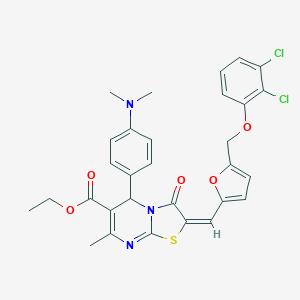 molecular formula C30H27Cl2N3O5S B455530 ethyl (2E)-2-({5-[(2,3-dichlorophenoxy)methyl]furan-2-yl}methylidene)-5-[4-(dimethylamino)phenyl]-7-methyl-3-oxo-2,3-dihydro-5H-[1,3]thiazolo[3,2-a]pyrimidine-6-carboxylate 