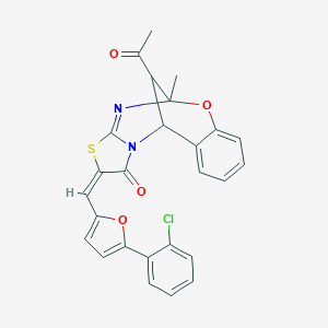 molecular formula C26H19ClN2O4S B455562 (2E)-13-acetyl-2-{[5-(2-chlorophenyl)furan-2-yl]methylidene}-5-methyl-5H,11H-5,11-methano[1,3]thiazolo[2,3-d][1,3,5]benzoxadiazocin-1(2H)-one 