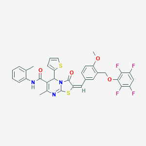 molecular formula C34H25F4N3O4S2 B455575 (2E)-2-{4-methoxy-3-[(2,3,5,6-tetrafluorophenoxy)methyl]benzylidene}-7-methyl-N-(2-methylphenyl)-3-oxo-5-(thiophen-2-yl)-2,3-dihydro-5H-[1,3]thiazolo[3,2-a]pyrimidine-6-carboxamide 