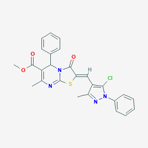 molecular formula C26H21ClN4O3S B455632 METHYL 2-[(Z)-1-(5-CHLORO-3-METHYL-1-PHENYL-1H-PYRAZOL-4-YL)METHYLIDENE]-7-METHYL-3-OXO-5-PHENYL-5H-[1,3]THIAZOLO[3,2-A]PYRIMIDINE-6(3H)-CARBOXYLATE 