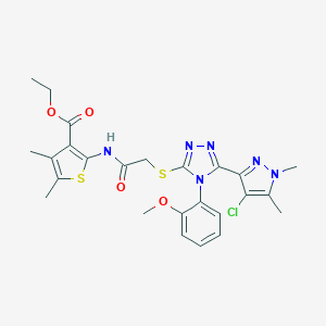 molecular formula C25H27ClN6O4S2 B455953 ETHYL 2-[(2-{[5-(4-CHLORO-1,5-DIMETHYL-1H-PYRAZOL-3-YL)-4-(2-METHOXYPHENYL)-4H-1,2,4-TRIAZOL-3-YL]SULFANYL}ACETYL)AMINO]-4,5-DIMETHYL-3-THIOPHENECARBOXYLATE 