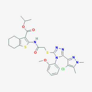 molecular formula C28H31ClN6O4S2 B455955 ISOPROPYL 2-[(2-{[5-(4-CHLORO-1,5-DIMETHYL-1H-PYRAZOL-3-YL)-4-(2-METHOXYPHENYL)-4H-1,2,4-TRIAZOL-3-YL]SULFANYL}ACETYL)AMINO]-4,5,6,7-TETRAHYDRO-1-BENZOTHIOPHENE-3-CARBOXYLATE 