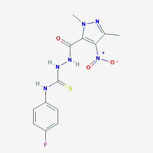 molecular formula C13H13FN6O3S B455972 N-(4-fluorophenyl)-2-({4-nitro-1,3-dimethyl-1H-pyrazol-5-yl}carbonyl)hydrazinecarbothioamide 
